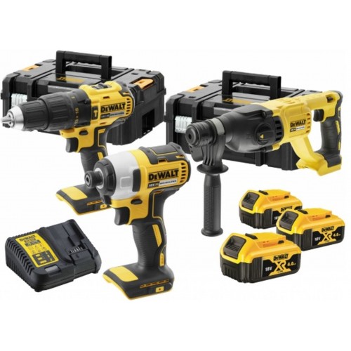 DeWALT Combo 3 narzędzi akumulatorowych 18V Li-Ion XR 3x4,0Ah, 2 kufry TSTAK II DCK369M3T