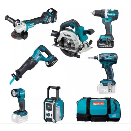 Makita DLX7018TX1 Aku zestaw narzędzi DDF484+DGA513+DHS661+DJR186+DML815+DMR115+DTD146