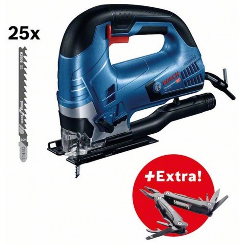 BOSCH GST 90 BE Wyrzynarka z zestawem brzeszczotów i scyzorykiem Swiss Peak 060158F000