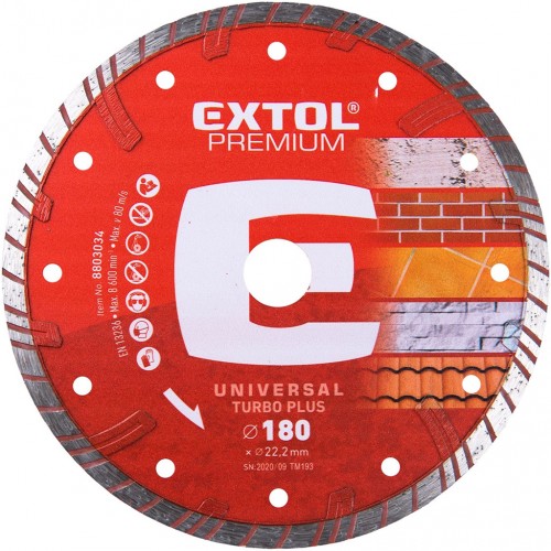 EXTOL PREMIUM Tarcza diamentowa do cięcia 180x22,2mm TURBO PLUS - suche i mokre cięcie 880