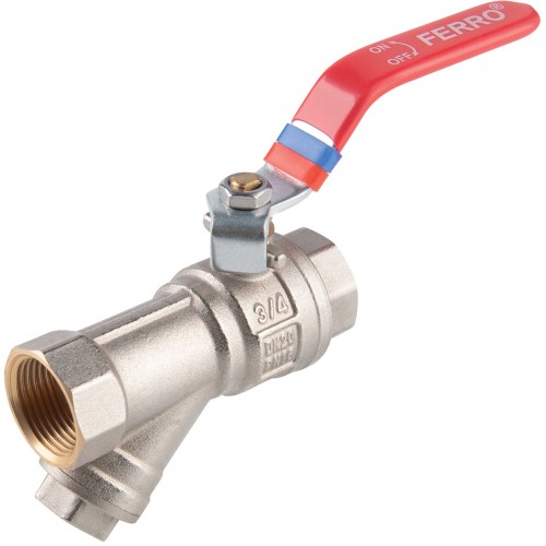 Ferro zawór kulowy wodny z dławikiem i filtrem skośnym 3/4", DN20 KFPZF2