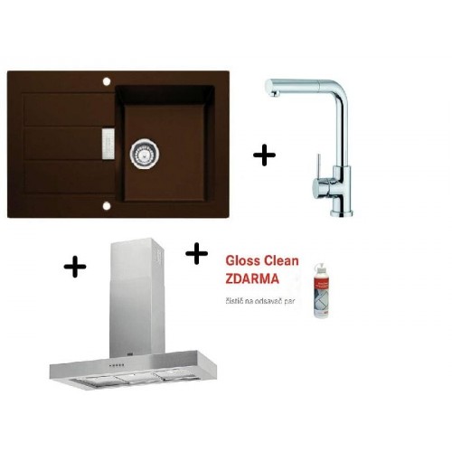 FRANKE SET T19 Zlew MRG 611 ciemny brąz + bateria FN 0147 + okap FDF 9046 XS + Gloss Clean