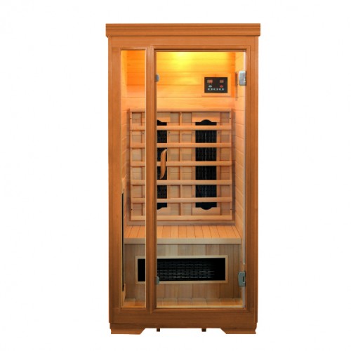 Sauna InfraRed Sunrise 90, 1-osobowa ciemny dekor, panel sterujący wewnętrzny+radio+mp3